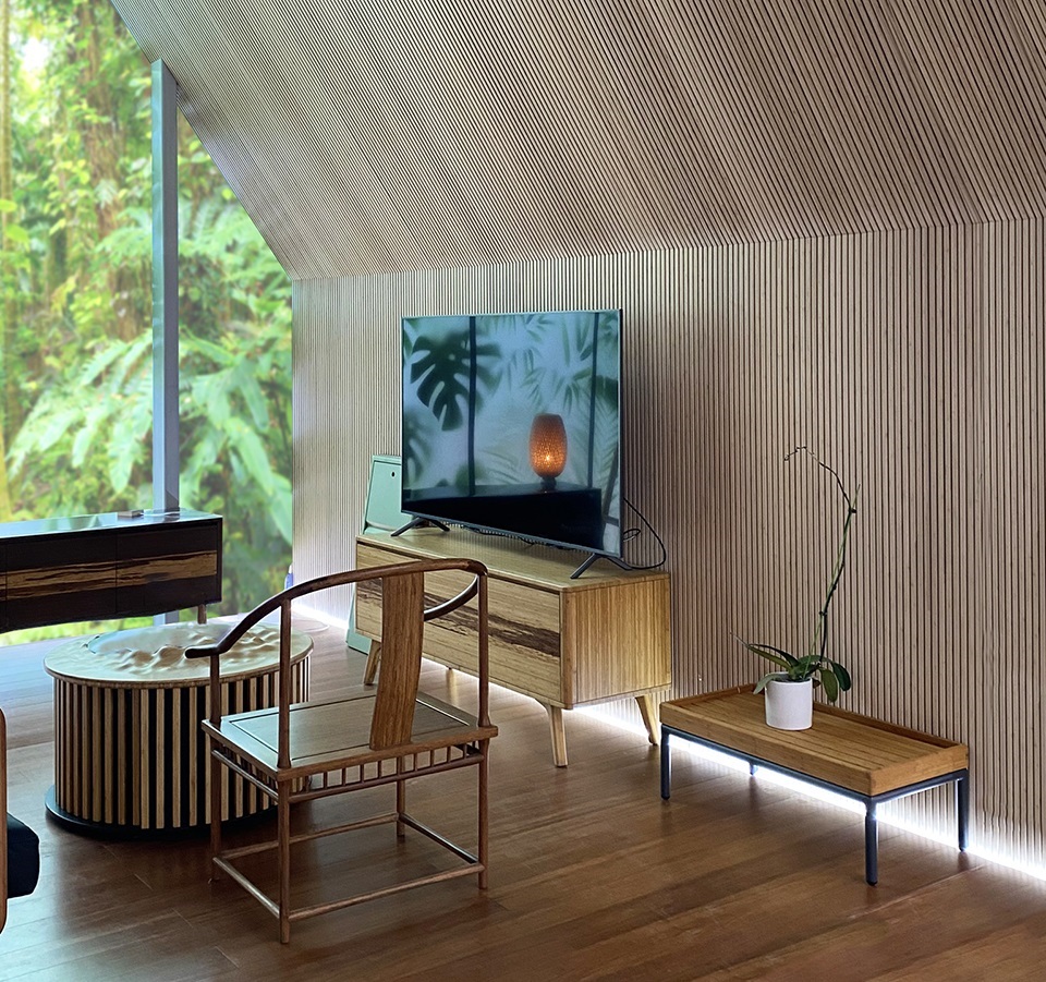 diseño con paredes revestidas con bambú
