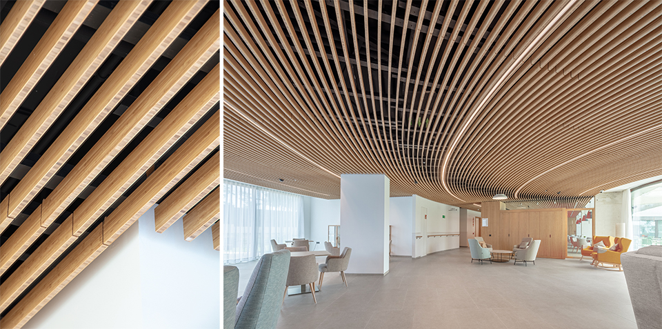Ceilings clad with straight and curved bamboo slats
