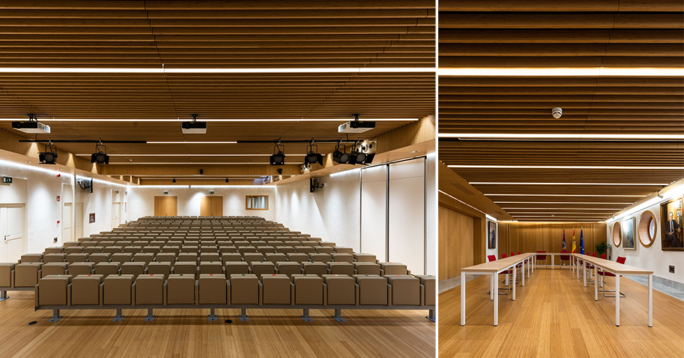 Acoustic ceiling with bamboo slats cladding